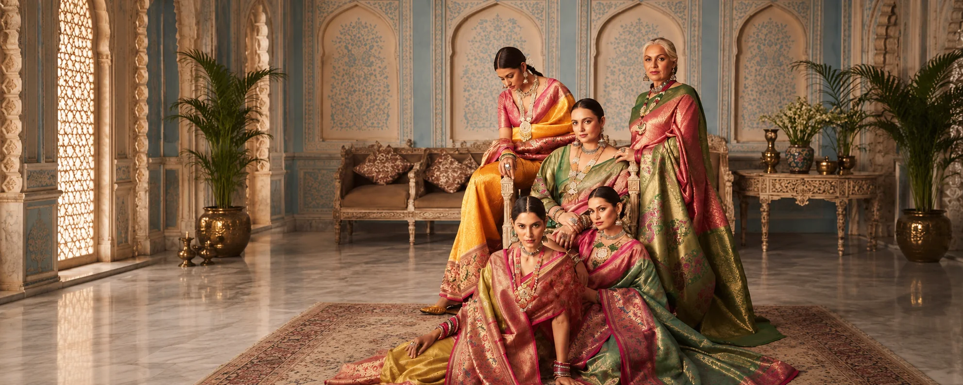 Five women in richly woven silk sarees in pink, gold and green pose together in an ornate palace room.